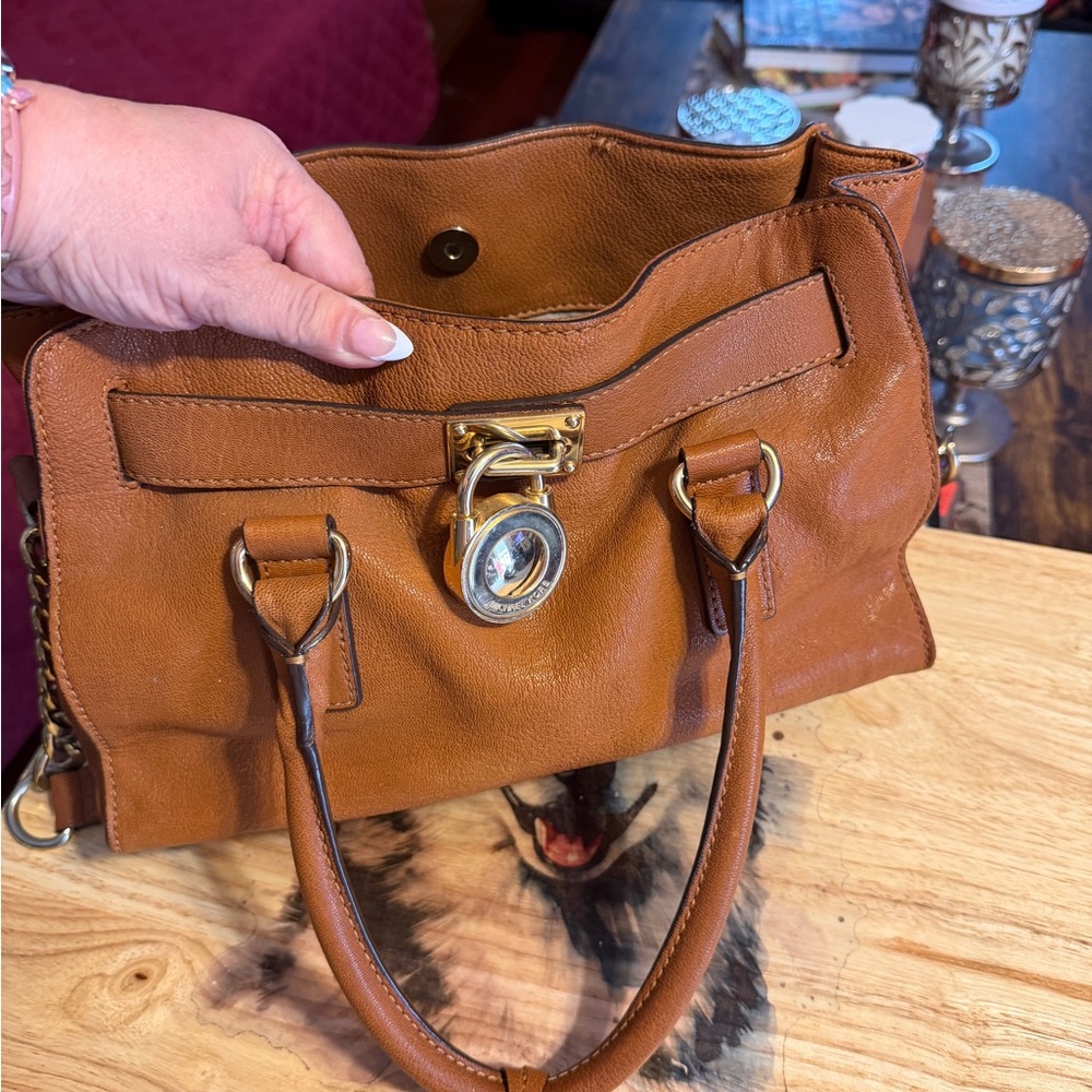 Michael Kors Hamilton Satchel Purse Cognac Leather Gold Hardware Top Handle bag